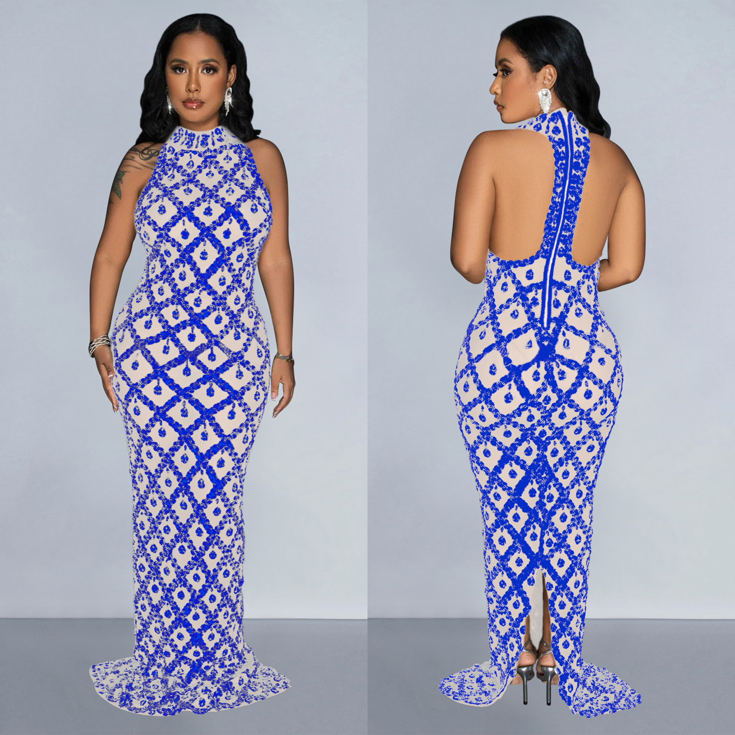 C6895 Aliexpress transfronterizo Amazon Europa y América de moda de mujer de color sólido esquinilla cuello colgante vestido de espalda larga
