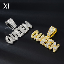 欧美合金满钻QUEEN字母吊坠大扣头配古巴链粗项链嘻哈配饰批发