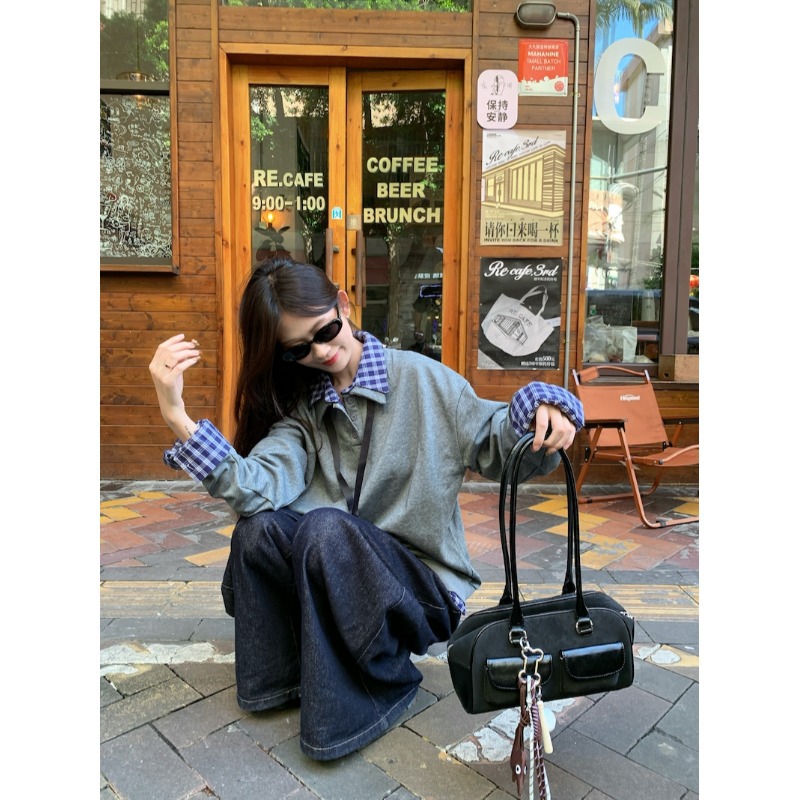 모닝 칼라 [원래 품질] 가짜 투피스 체크 스티칭 긴 소매 티셔츠 여성용 가을 느슨한 게으른 바람 옷깃