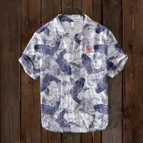 2024 New InDepenDent Station Cross-borDer Carp Element 3D Digital Printing TrenDyy Loose Short-sleeveD Shirt Men's Top