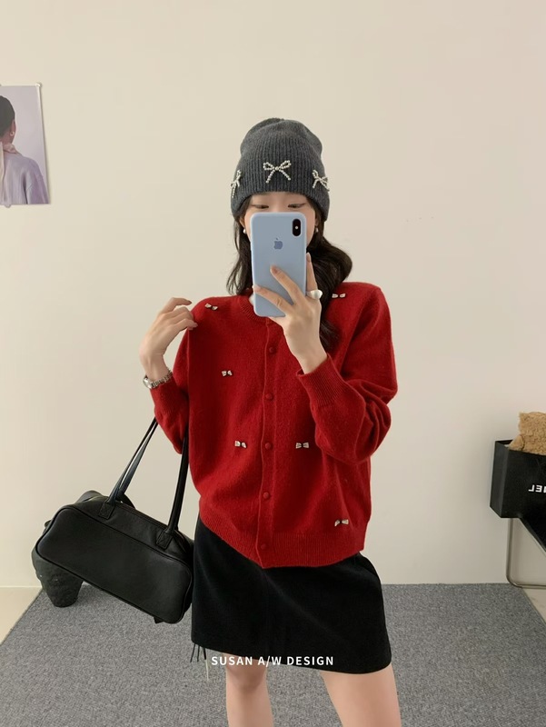 苏珊 小众蝴蝶结装饰针织开衫女韩版宽松时尚温柔风圆领毛衣26980|undefined
