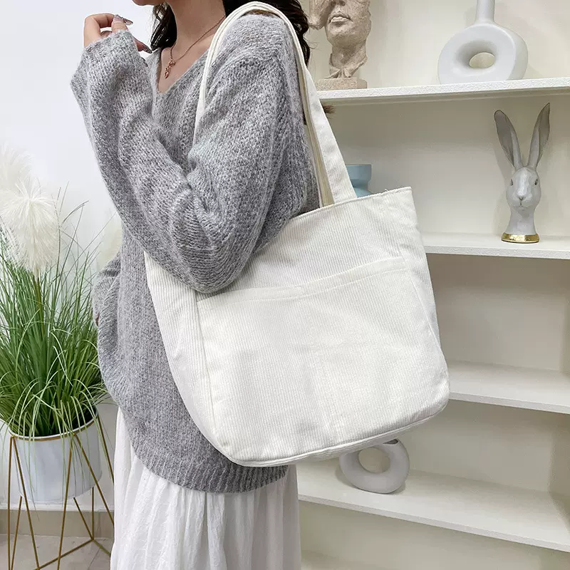 跨境新款秋冬通勤包女条绒灯芯绒托特包2025大容量单肩包学生上课