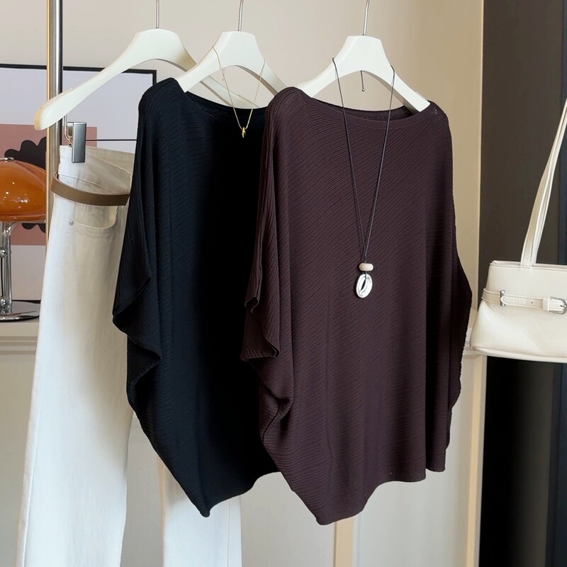 2026 Korean Style Summer New Style Asymmetrical Sloping Shoulder Batwing Sleeve Knitwear for Women Loose Slimming Look Short-Sleeved T-Shirt Top 2026 Korean Style Summer New Style Asymmetrical Sloping Shoulder Batwing Sleeve Knitwear for Women Loose Slimming Look Short-Sleeved T-Shirt Top