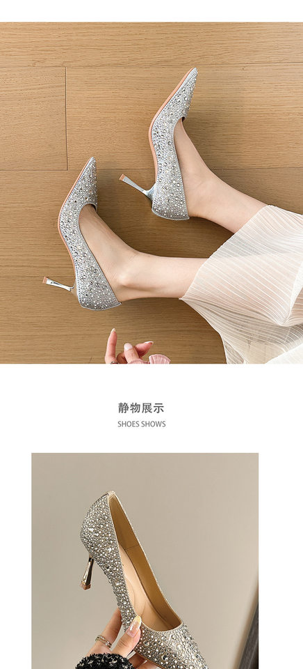 Giày cao gót nữ mũi nhọn gót 6–8 cm đính đá và ngọc trai, giày cưới cô dâu thanh lịch — Champagne màu, bạc chi tiết 9