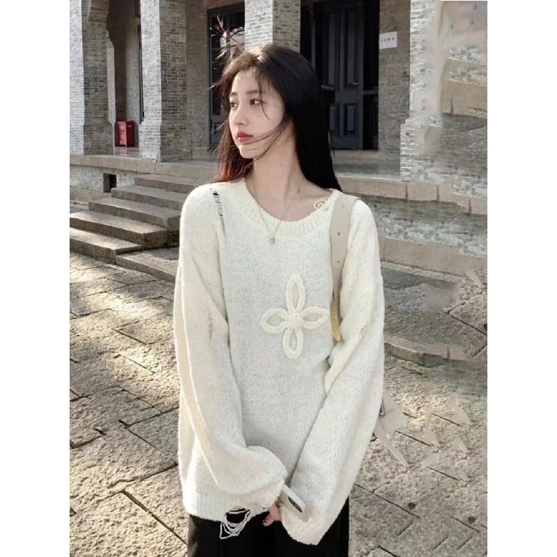 Sk Wool Sweatshirt 2025 Spring Vintage Pullover Ripped Sweater Women's Loose Round Neck Knitwear