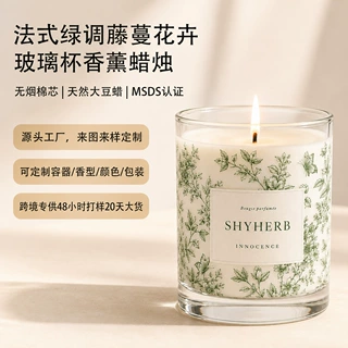 跨境专供Ins风法式绿调藤蔓花卉定制玻璃杯香薰蜡烛OEM天然大豆蜡