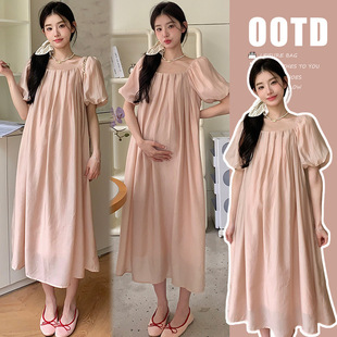 Maternity 2024 Summer New Korean Fashion Sweet French Square Collar Loose Large Size Pregnant Women's Dress
