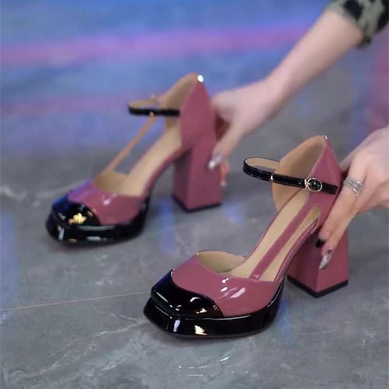 College Style Patent Leather Color-Blocked Square Toe Thick Heel Flats for Women 2025 Spring One-Line Buckle Strap Waterproof Platform Hollow High Heels