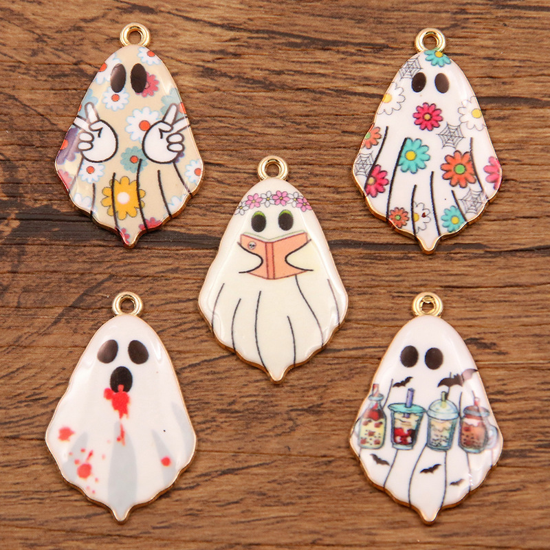 1 5 Color 19 * 31mm DIY Alloy Jewelry KC Gold Oil Drop Color Print Halloween Ghost Graffiti Pendant