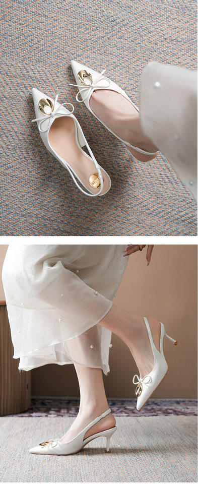 Sandal cao gót nữ mũi nhọn bít mũi đính nơ khóa kim loại, gót 6–8 cm — Màu hồng nhạt, Màu trắng ngà, Màu vàng nhạt chi tiết 8