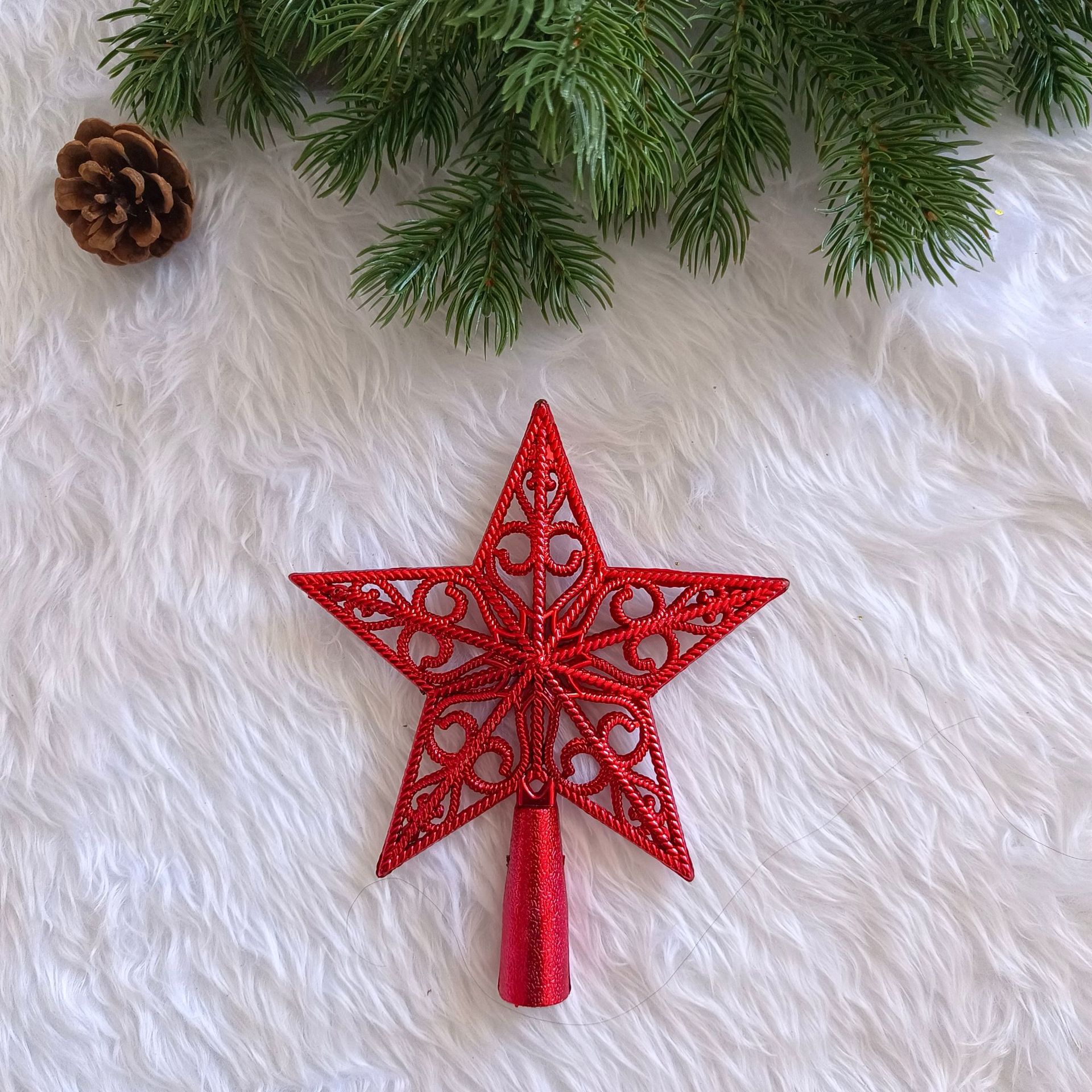 Estrella de cinco puntas brillante de plástico para la cima del árbol, adornos y colgantes navideños pequeños