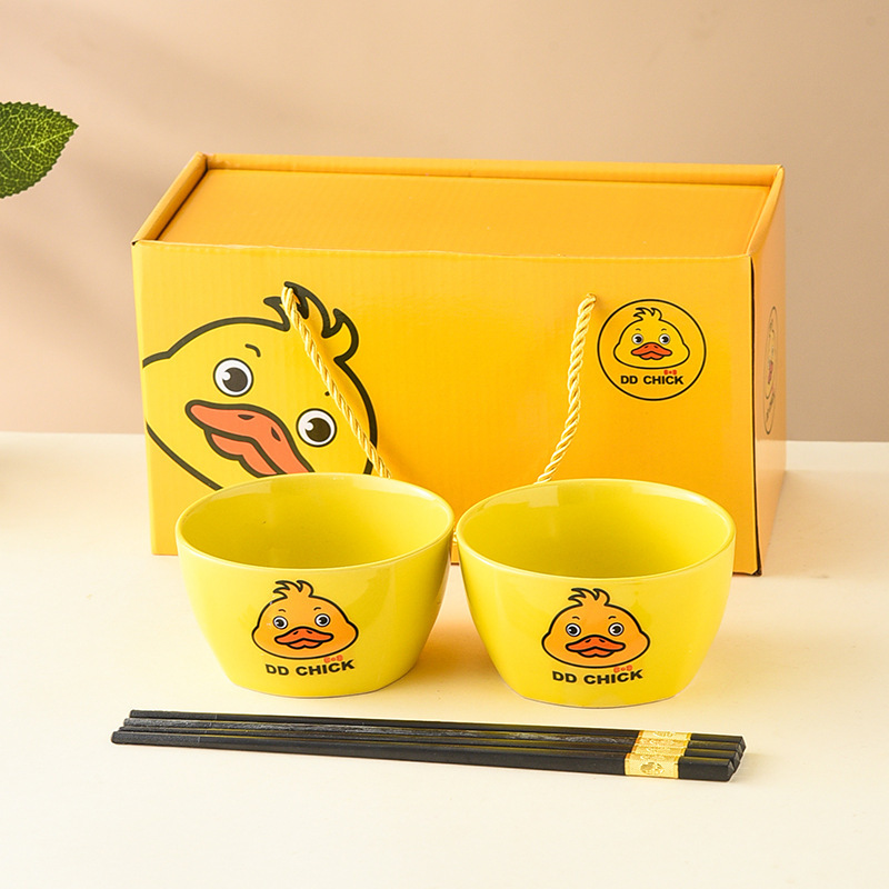 Cartoon Little Yellow Duck Ceramic Bowl and Chopsticks Set Gift Box Household Rice Bowl Cute High-Value Tableware Promotional Gift Logo
