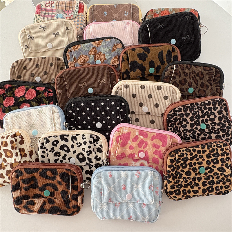 New Corduroy Printed Flip Card Holder Coin Purse Multi-Functional Organizer Storage Bag Women's Portable Lipstick Bag