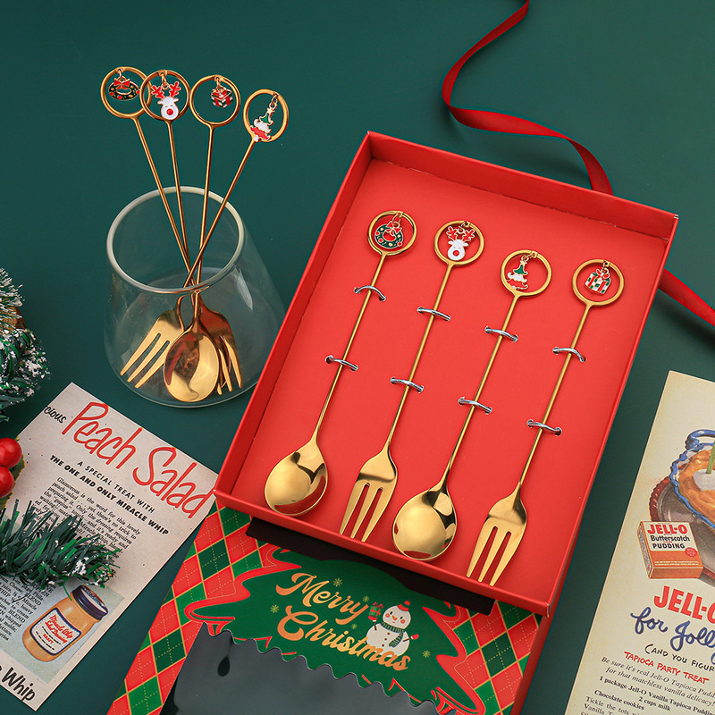 Q Christmas Dessert Spoon and Fork Gift Set Christmas Tree Fruit Fork Cartoon Tableware Santa Claus Coffee Spoon Cute and Fun