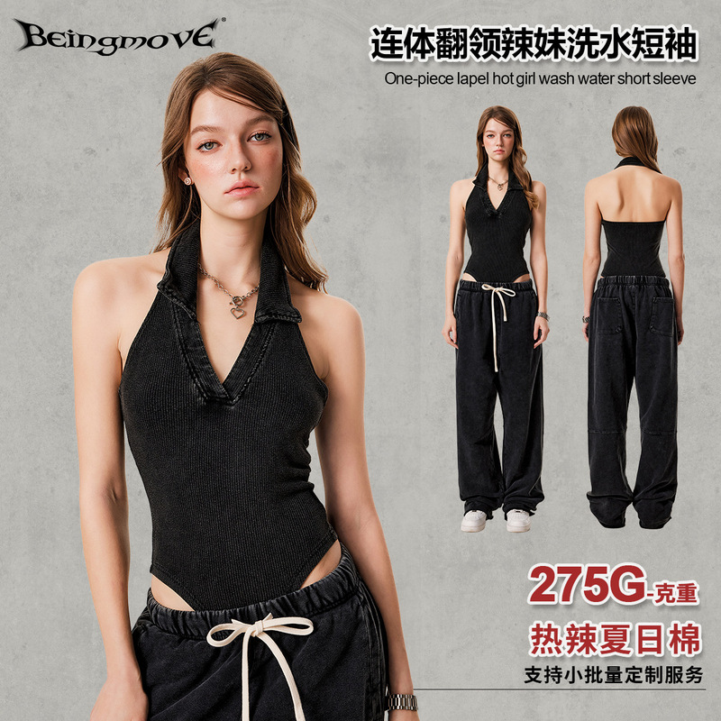 Summer European and American Sexy Hot Girl Sleeveless V-neck jumpsuit Slim Fit Inner Polo Collar Neck Dressed Top Women's Wear
