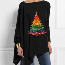 跨境亚马逊速卖通秋季新款不规则下摆宽松休闲印花蝙蝠袖打底衫