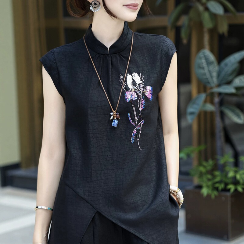 Nanyouhuo 2026 New Model New Chinese Style Heavy Silk Xiangyun Yarn French Embroidery Top with Irregular Design Slimming Shirt