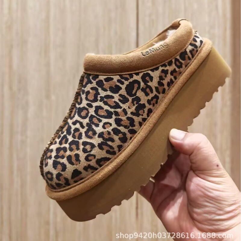 Cross-border plus-size closed-toe slippers, snow boots, genuine leather casual slip-on cotton shoes, warm leopard print, thickened, dual-use Cross-border plus-size closed-toe slippers, snow boots, genuine leather casual slip-on cotton shoes, warm leopard print, thickened, dual-use