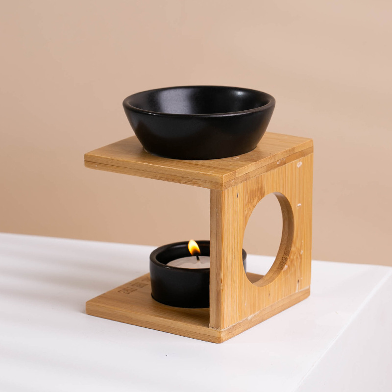 Fábrica directa de cerámica de cera de aceite esencial candelabros de bambú y madera creativos hogares vela soporte de lámpara horno de aroma artesanía adornos