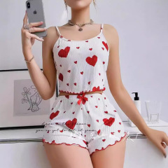 新作欧米風夏用ストライプハートプリントデザインが可愛いスリップショーツ、ピュアでセクシーなパジャマ、女性用ホームウェアセット