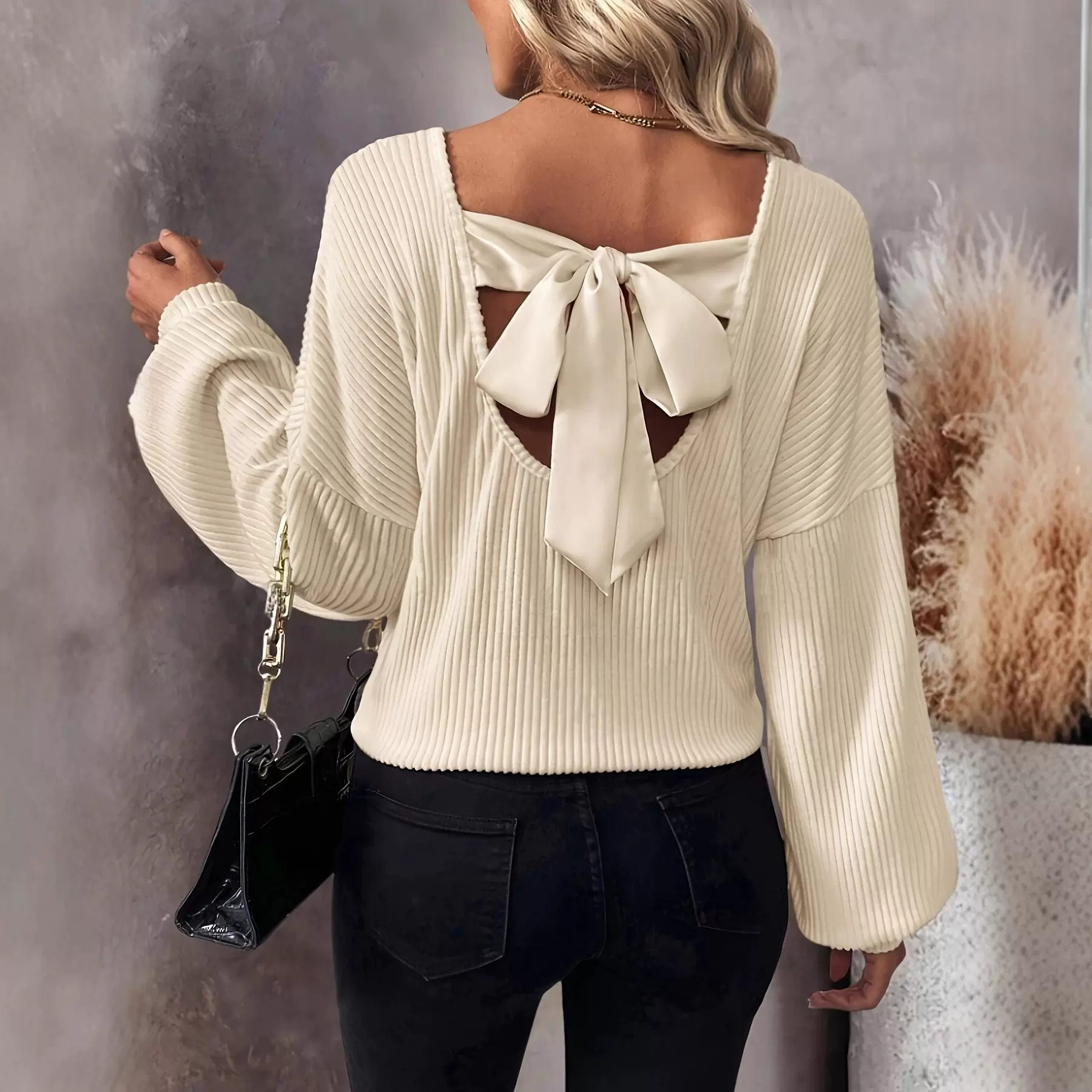 欧美跨境亚马逊V领2024秋冬T恤上衣休闲时尚优雅舒适针织衫