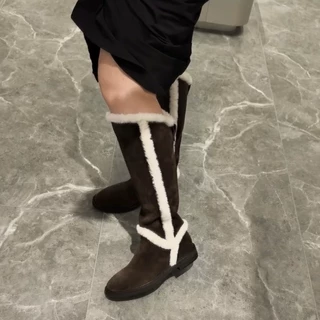 牛皮版~美拉德厚底长筒靴女复古绒面显瘦加绒保暖外穿雪地靴棉靴