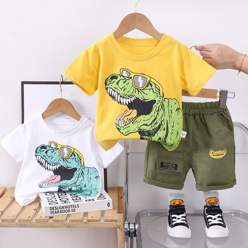 От 0 до 5 лет Детская Футболка-костюм для мальчика с рисунком динозавра с коротким рукавом + шорты, комплект из 2 предметов, трансграничное поколение волос в Юго-Восточной Азии
