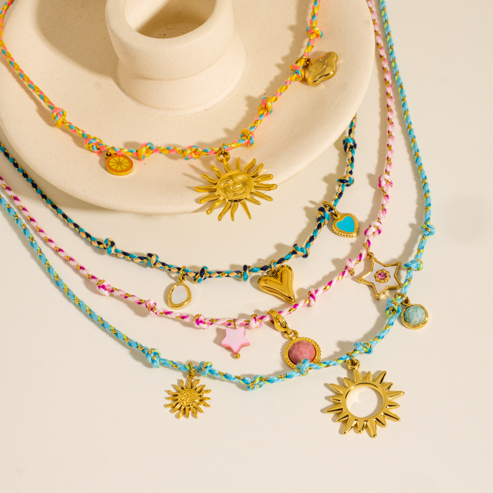 Real Gold Plated Plating Material PVD Coated Real Gold Plated Sun Star Heart Shape Rope Titanium Steel IG Style Waterproof Non Tarnish Rope Multi Charms Necklace