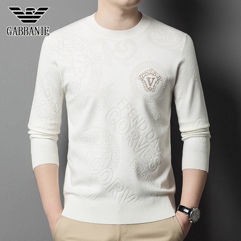 Chiamania Wool Sweater Men's Long-Sleeved T-Shirt Round Neck Jacquard Knitwear Korean Style Trendy Sweater Base Layer