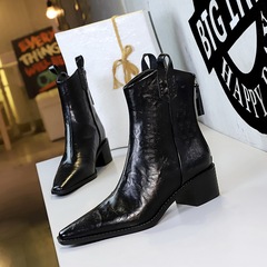 578-10レトロ手摺紋欧米風冬ショートブーツ女性ブーツ太ヒール中ヒール先先騎士ブーツショートブーツ