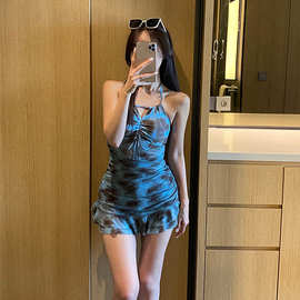 纯欲风高级感保守学生遮肚显瘦小胸聚拢连体裙式游泳衣女泡温泉夏