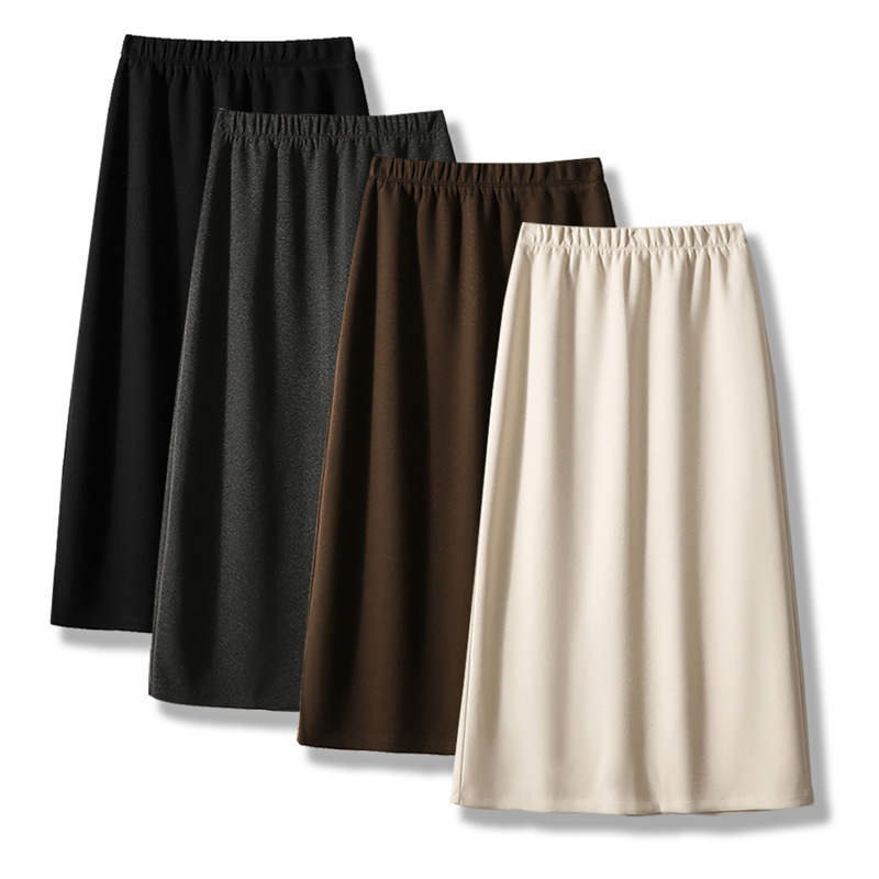 Autumn and Winter Knitted Retro Cotton Wool Comfortable Skirt with Elastic Waist and Slit, A-Line, Slimming, Versatile, Mid-Length