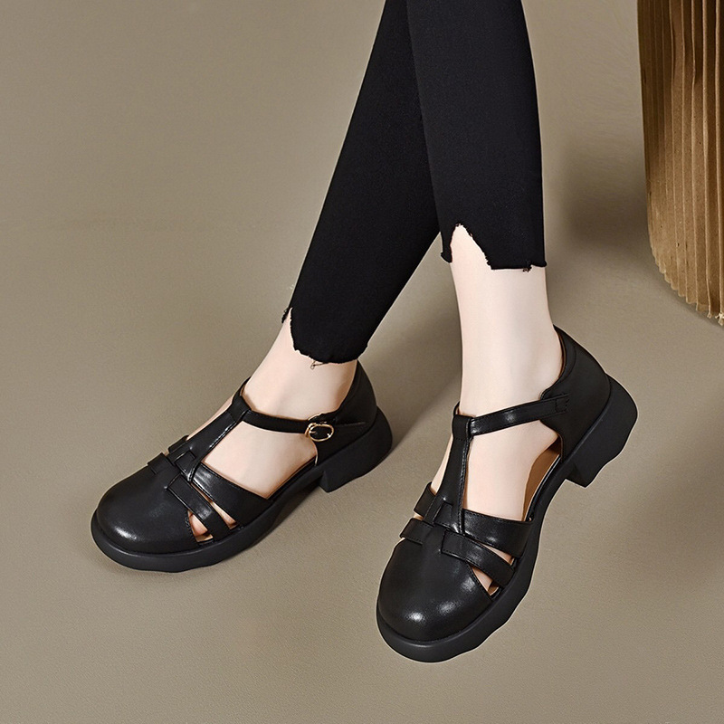Giày sandal nữ da thật đế dày kiểu Roman khoét lỗ mùa hè — Màu đen