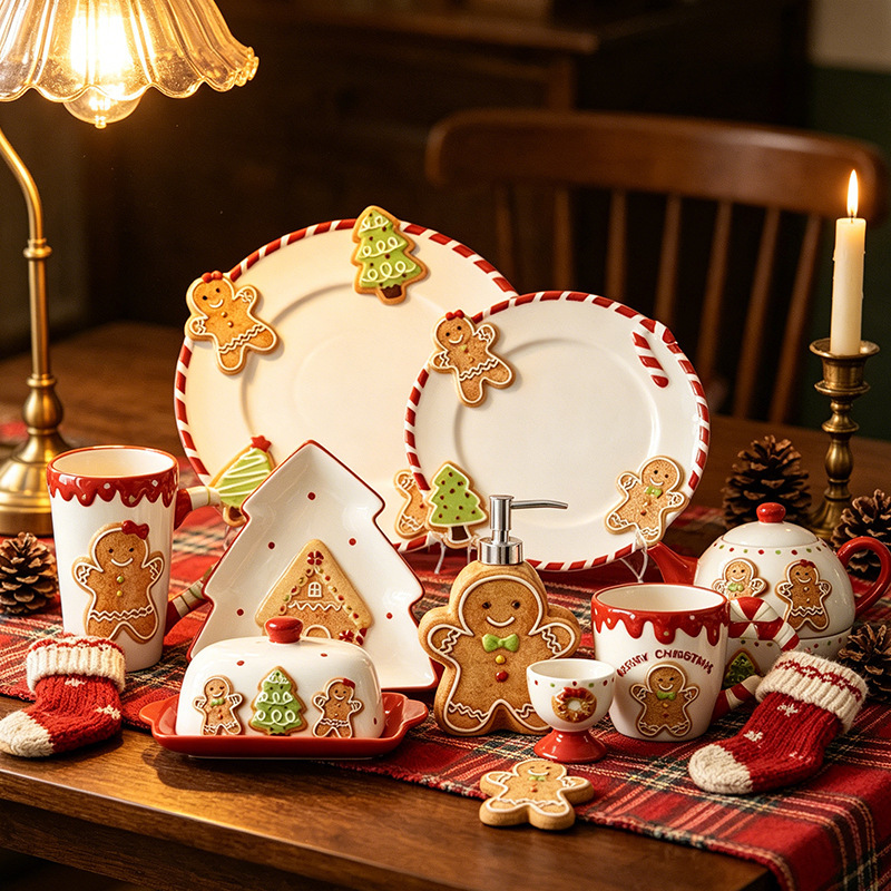 Christmas Gingerbread Themed Ceramic Tableware Set, Suitable for Holiday Parties, Restaurants, and Hotels, Direct Supply from the Source Factory