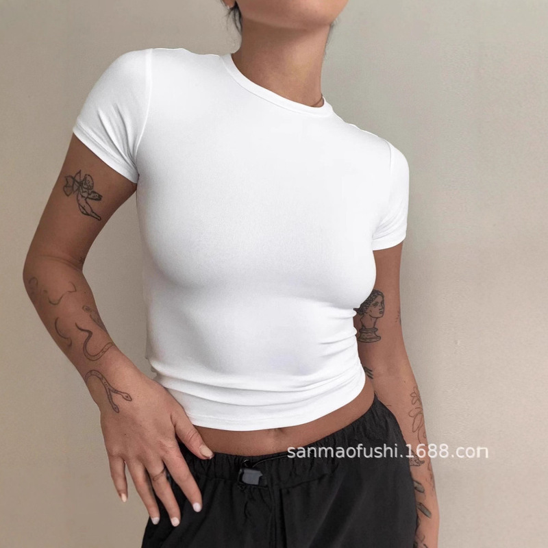 Cross-Border Amazon 2025 Women's New Solid Color Slim Short-Sleeved T-Shirt Women's Fashion Casual Bottoming Shirt Top Cross-Border Amazon 2025 Women's New Solid Color Slim Short-Sleeved T-Shirt Women's Fashion Casual Bottoming Shirt Top