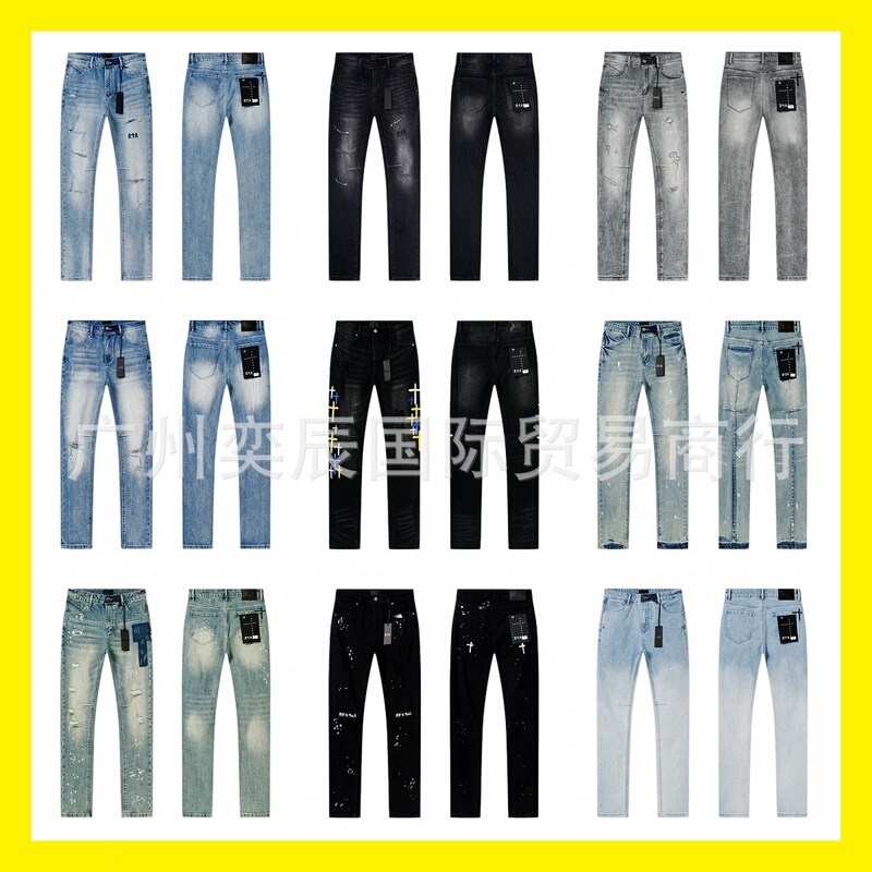 Wholesale American-style trendy brand R+A washed distressed ripped embroidered letter splatter ink straight-leg jeans rta pants Wholesale American-style trendy brand R+A washed distressed ripped embroidered letter splatter ink straight-leg jeans rta pants