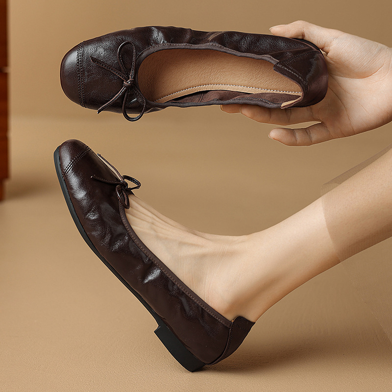 Giày ballet nữ mũi tròn đế bệt da cừu mềm nơ bướm — Màu nâu