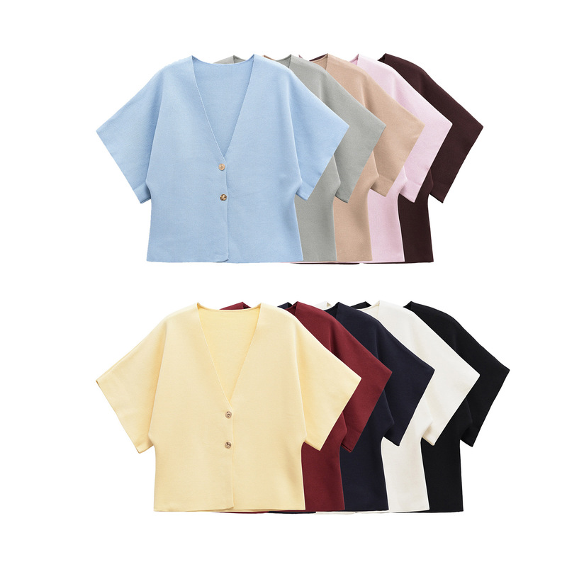 Cross-border European and American Women's 2024 Winter New Elegant V-neck Short-sleeved Row Loose Casual Knitted Cardigan Cross-border European and American Women's 2024 Winter New Elegant V-neck Short-sleeved Row Loose Casual Knitted Cardigan