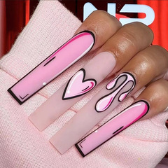 Heart-shaped cartoon-style powder-finish 3D rhinestone-lined French-style series, featuring vibrant color-blocking—ready-to-wear manicure fake nails for stunning beauty.