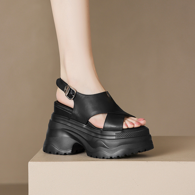 Sandal nữ da bò cao gót 12cm đế xuồng tăng chiều cao mùa hè — màu đen, màu trắng ngà
