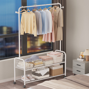 Simple Coat Rack Bedroom Mobile Floor-Standing Bold Hanger with Basket Bag Hanging Rack Drying Rack Cross Border