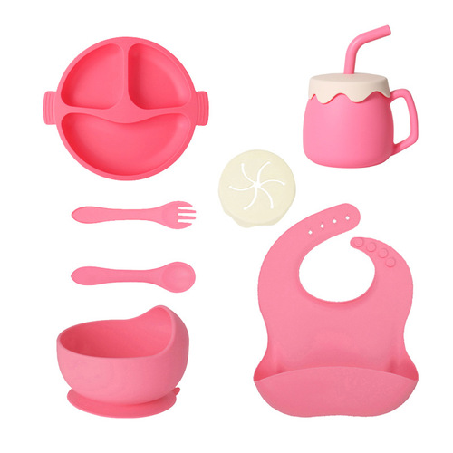 Children's best-selling silicone dinner plate food-grade large suction compartmented dinner plate supplementary food bowl fork spoon bib feeding tableware