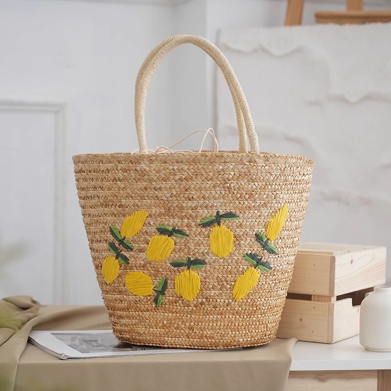 2025 new hand woven straw bag fresh mango embroidered straw bag ins embroidered tote bag
