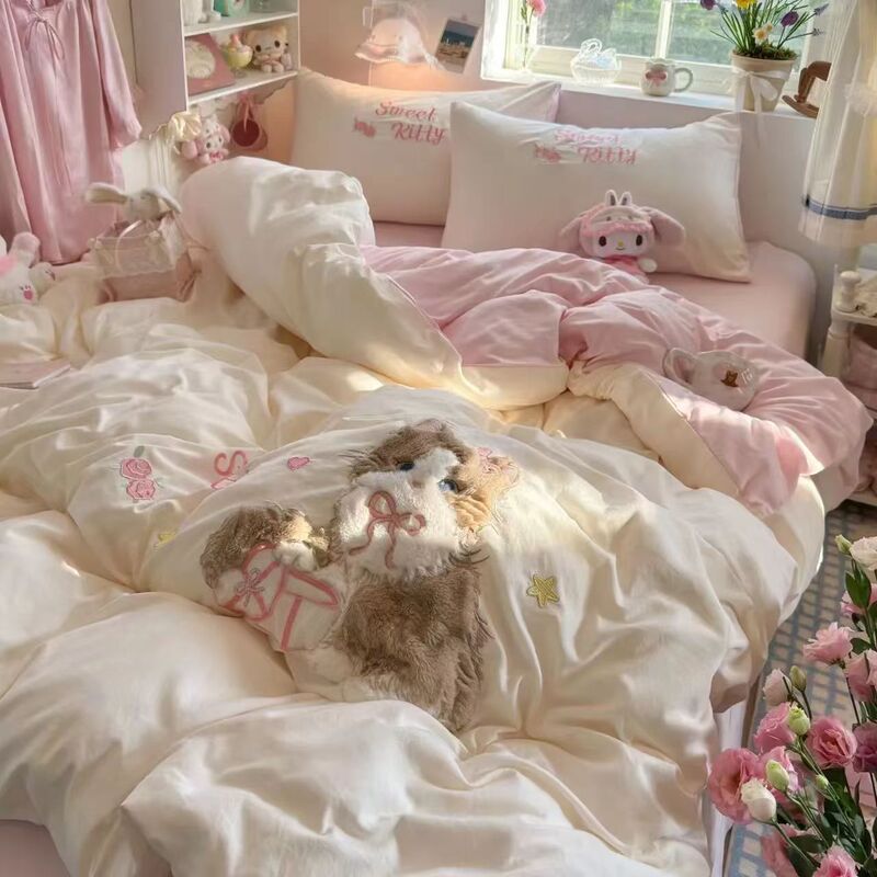 Ins Cat Patch Embroidery Dormitory Bed Four-Piece Set Washable Quilt Cover Single Student Dormitory Bedding Three-Piece Set