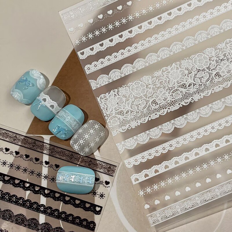Cute Retro Rococo Pure Desire Heart Snowflake Black and White Lace Pattern Fabric Nail Art Thin and Flexible Nail Stickers Cute Retro Rococo Pure Desire Heart Snowflake Black and White Lace Pattern Fabric Nail Art Thin and Flexible Nail Stickers