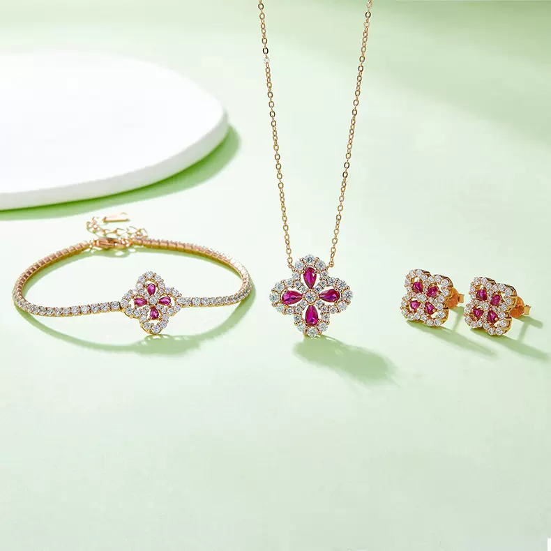 E0963/P0986 培育红宝石S925银镀玫瑰金四叶草项链耳环手链套装女