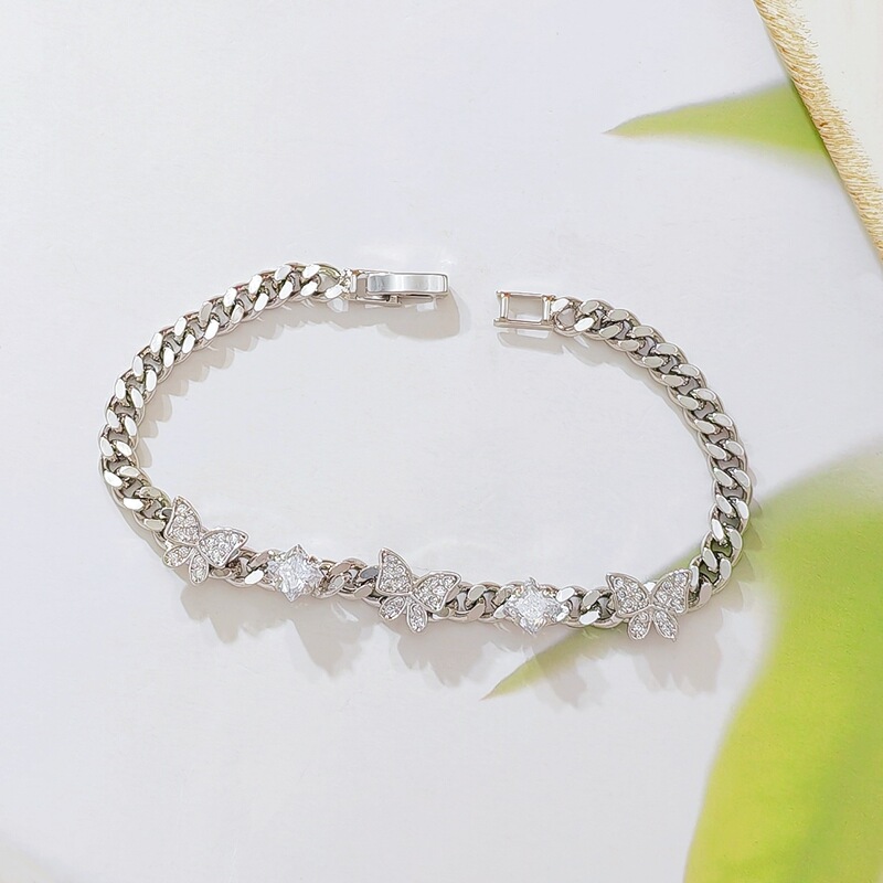 Cross-Border Popular Silver Cuban Bracelet Fully Encrusted with Zircon Butterfly Square Diamond Thick Chain Women's Jewelry Factory Wholesale Cross-Border Popular Silver Cuban Bracelet Fully Encrusted with Zircon Butterfly Square Diamond Thick Chain Women's Jewelry Factory Wholesale