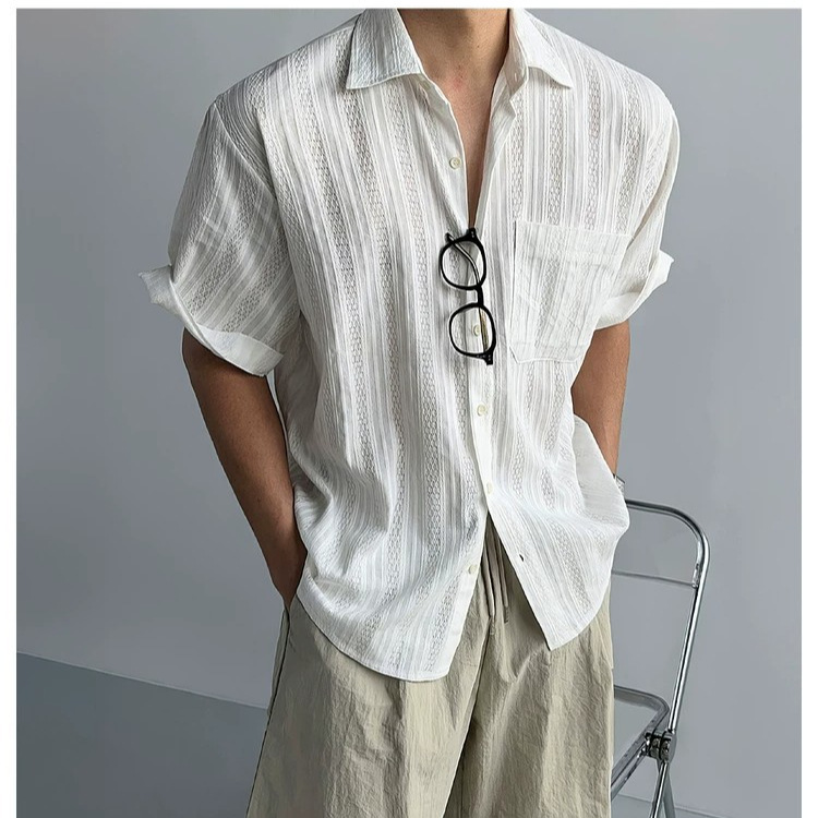 Old Money Style Hollow Mesh White Short-Sleeved Shirt for Men in Summer, Lightweight, Breathable, Versatile, Loose Casual Shirt Jacket