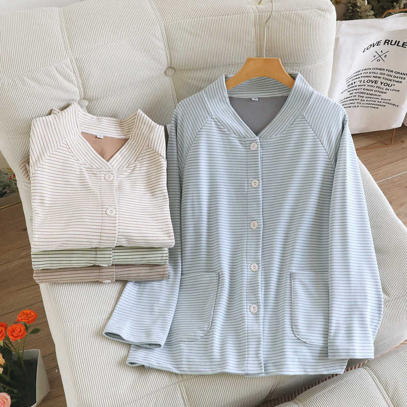 Derong Striped Top, Autumn and Winter Fleece-Lined Women's Single-Piece Cardigan, Home Wear Derong Striped Top, Autumn and Winter Fleece-Lined Women's Single-Piece Cardigan, Home Wear