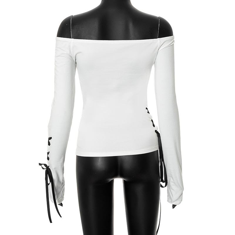 Off Shoulder Hollowed Heart Shape Lace Ribbon Slim Fit Slimming Contrast Color Top Women Long Sleeve Sexy 11 Off Shoulder Hollowed Heart Shape Lace Ribbon Slim Fit Slimming Contrast Color Top Women Long Sleeve Sexy